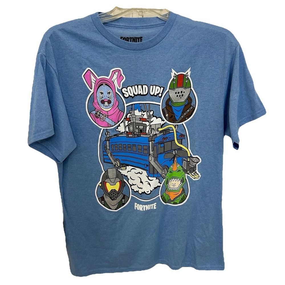 Men's Mad Engine Fortnite‎ Squad Up! Battle Bus T-shirt Light Blue Size M NWT